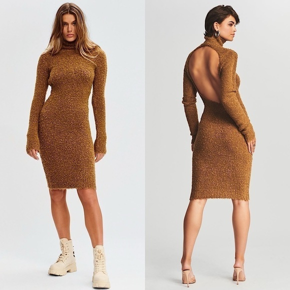 NWT RETROFETE SER.O.YA Wool Blend Long Sleeve Open Back Teddy Sweater Dress L - Picture 1 of 14